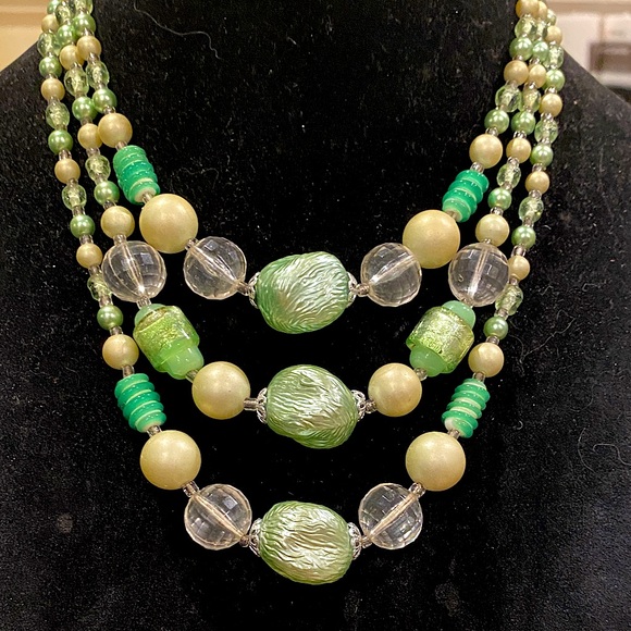 Japan Jewelry - Japan 3 Strand ArtGlass and Lucite Beaded Necklace with Silver Tone Accents